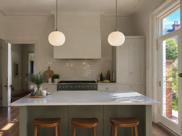 Kitchen with two globe pendant lights over an island and white cabinetry in a classic home in Double Bay