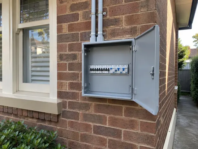 Open electrical switchboard mounted on a brick exterior wall beside a window in Rose Bay